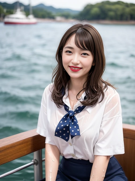 Gray background、pubic hair、Large Breasts、Thighs、Red lipstick、Cute woman、high school girl、White shirt、(Navy blue skirt)、smile、Open chest shirt、(A polka dot shirt that was wet and showed her underwear)、Wet Hair、Gazing at the sea、smile、On the boat、
