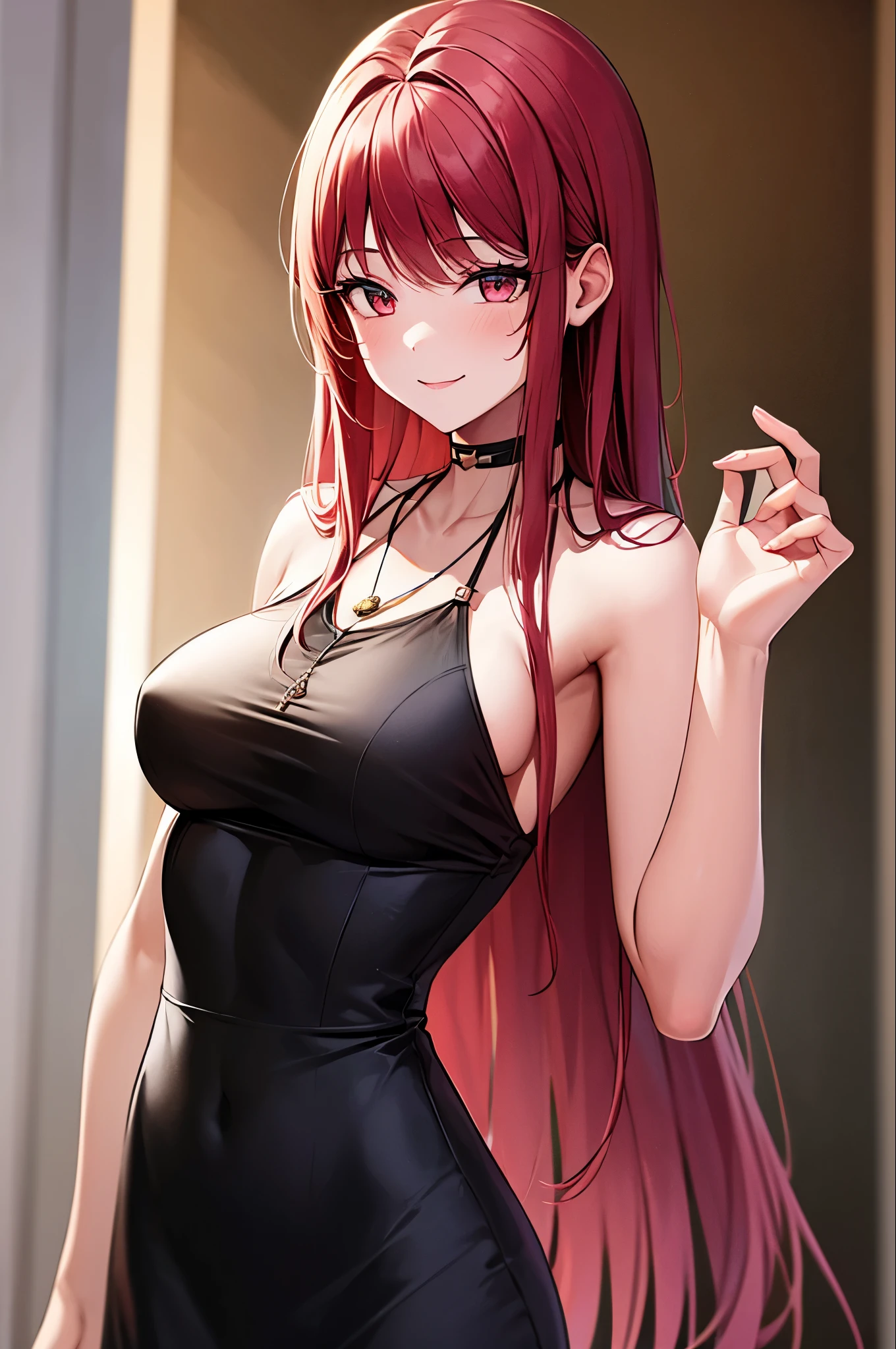 One girl,  smile, Long Hair, Dark dress, Upper Body,  Red pendant 