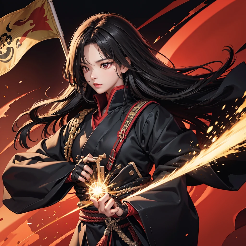 ((blackい髪 Long Hair black military commander One person Lonely Red Flag Eye patch)) ((night Japanese style old Shining Aura)) (dance Burning Blade Shining Japan sword Draw your sword Holding the Sword With sheath) moon star Draw your sword Slashing Catch the wind printing A tense face ability kimono