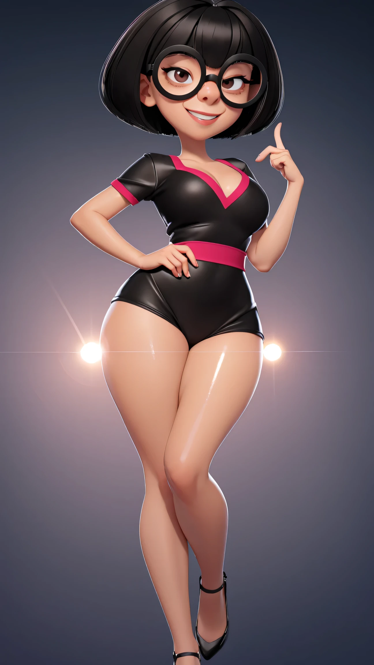(best quality:1.4),(shiny skin), spreas my legs, spread your legs, body focus, (cute face), (((best quality))), illustration, ((Beautiful Finger)), , Beautiful body, Beautiful character design, ,perfect lighting, Colorful, Bright_Front_face_Lighting, ultra high res, highres, absurdres:1.2, bokeh:1.2, lens flare, (vibrant_color:1.2), (Beautiful, medium breasts:1.2), (thick thighs:1.1), THICK, 1girl,
Short black hair, large round glasses, big round eyes with light pupils, thin eyebrows, small nose, light skin tone, subtle smile, hands on hips, brown eyes, Edna Moda, full body view, show sexy legs, bug breasts, sexy, provocative