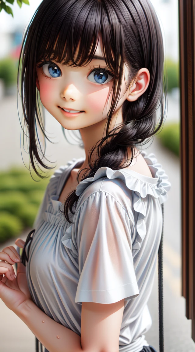 High resolution, Highest quality,  super high quality, Very detailed, 8k、Embarrassing、Sweaty、Sweat、Embarrassing、(masterpiece:1.2, Highest quality), (Realistic, photoRealistic:1.4), Beautiful illustrations, (Natural Side Lighting, Cinema Lighting), View your viewers, whole body, 1 girl, Japanese, high school girl, Perfect Face, Cute and symmetrical face, Glowing Skin, Baby Face, (,Black Hair)black eye, Big eyes, Droopy eyes, (Center of chest, Captivating thighs, Big Ass)