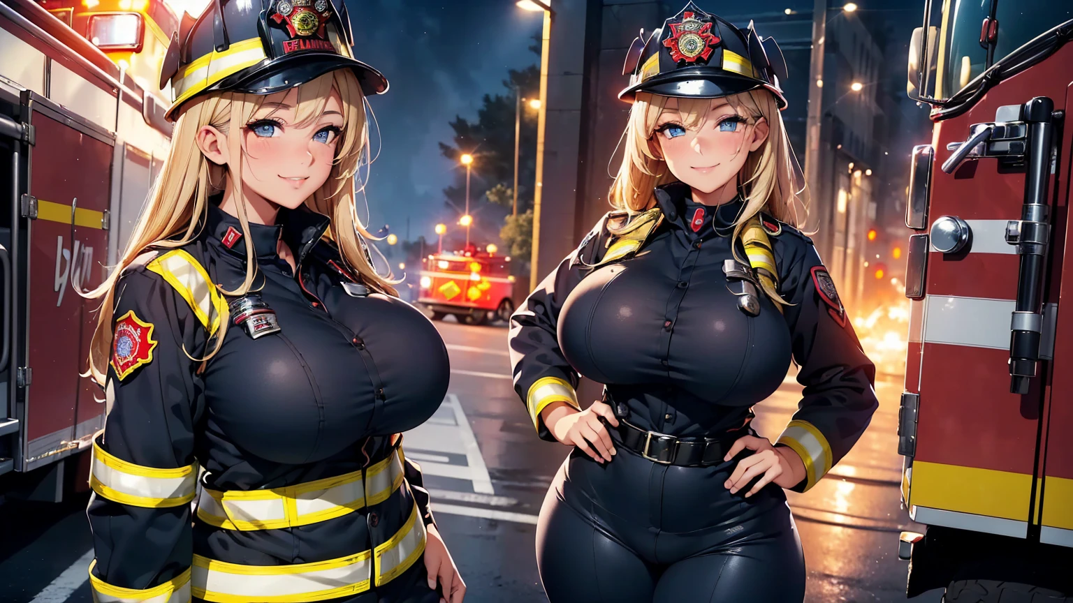 a firefighter girl, sexy body, ((big breasts)), big hips, thick thighs, beautiful face, beautiful eyes, smiling, blushing, standing, ((firefighter uniform, firefighter woman, firefighter, firefighter gear)), perfect hands, perfect fingers, high quality picture, high resolution, very detailed, 8k resolution