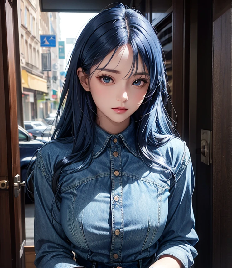 Woman with long hair straight, (Denim-blue hair color), high detailed, realistic, ultra realistic, ((Denim-blue shirt)) and black skinny long pant,