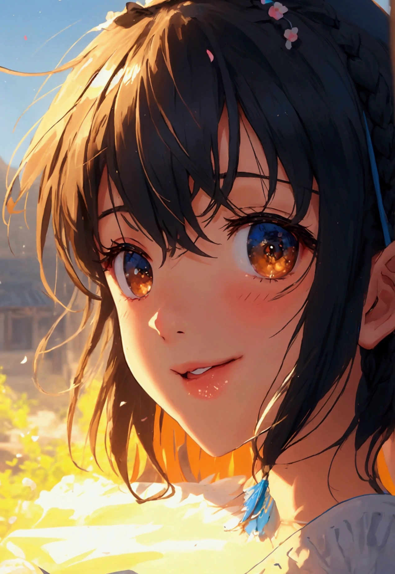 masterpiece, best quality, looking at viewer,
1girl, solo, smile, sitting, hat, shoulder cutout, braid, dress, brown hair, (closed eyes:1.1), twin braids, blush, long hair, bench, grin, grass, white dress, jewelry, clothing cutout, bangs, necklace, floral print, blurry, hand between legs, blurry background, between legs, bow, facing viewer, breasts, bare shoulders, sun hat, straw hat, day, collarbone, hair bow, short sleeves, feet out of frame, ribbon, brown headwear, on bench, depth of field, park bench, ^_^, hair over shoulder,
day, sky, flower field, petals,