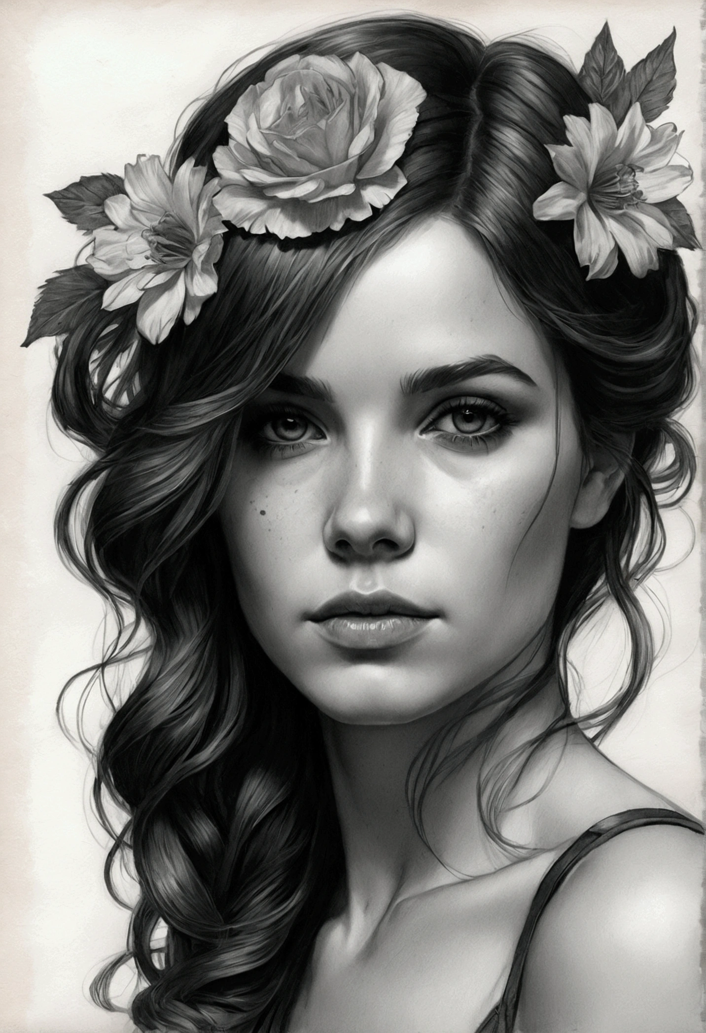 Portrait of Charlie Bowater Black and white pencil drawing, realisitic, Coal chips, outline, charcoal portrait of a woman, flowers, Multicolored straps, old paper texture, highy detailed