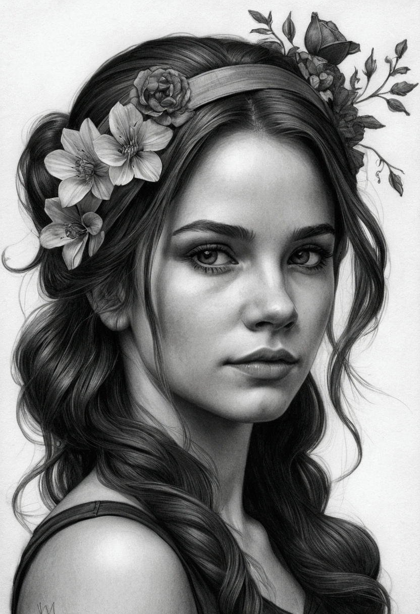 Portrait of Charlie Bowater Black and white pencil drawing, realisitic, Coal chips, outline, charcoal portrait of a woman, flowers, Multicolored straps, old paper texture, highy detailed