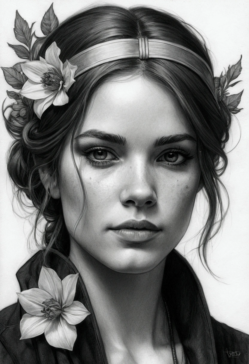 Portrait of Charlie Bowater Black and white pencil drawing, realisitic, Coal chips, outline, charcoal portrait of a woman, flowers, Multicolored straps, old paper texture, highy detailed