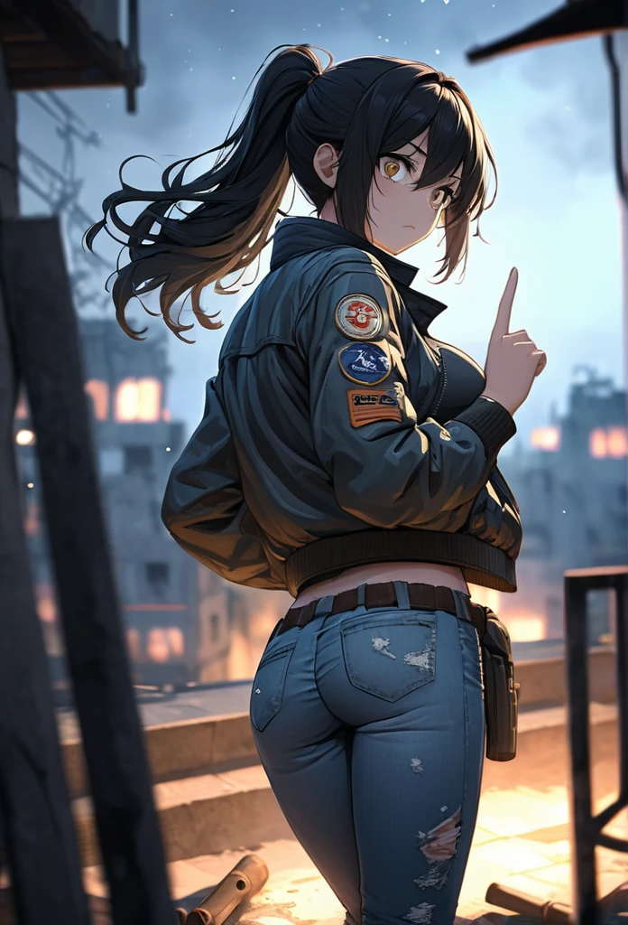 a girl, worn flight jacket, ripped jeans, determined, serious expression, standing, looking away, looking to the left, ponytail, messy hair, black hair, golden eyes, big eyes, slant eyes, Salute with the right hand, beautiful breasts, beautiful ass, toned body, long boots, waist pouch, Scene of Tension, outside, Rooftop, in the ruined city, with a starry sky, at night, dark atmosphere, in a dark and gloomy world, anime, 2d anime, hard-edged, soft surface, closeup shot, from behind, ground-level shot, golden triangle, sharpen, bloom, backlighting, in focus with blurred background, best quality, high quality, detailed, ultra detailed, hyper detailed, insanely detailed, exquisite, beautiful, Full-HD, 16K, highres, absurdres, woman, holding a pistol, 1thumb and 4 fingers,Perfect Hand Style, 