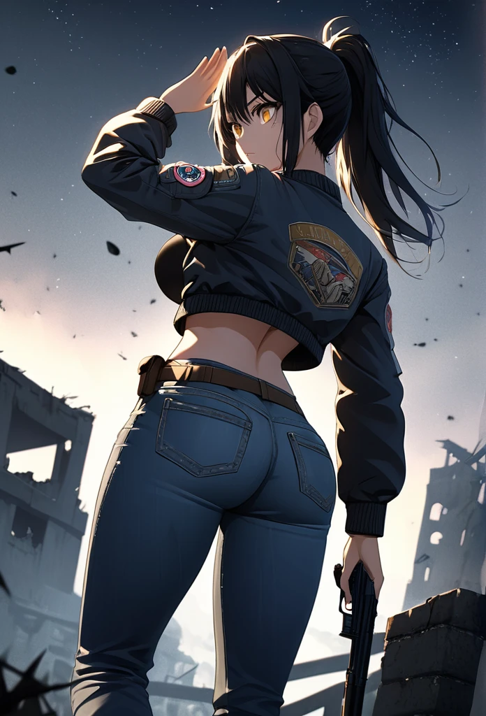 a girl, worn flight jacket, ripped jeans, determined, serious expression, standing, looking away, looking to the left, ponytail, messy hair, black hair, golden eyes, big eyes, slant eyes, Salute with the right hand, beautiful breasts, beautiful ass, toned body, long boots, waist pouch, Scene of Tension, outside, Rooftop, in the ruined city, with a starry sky, at night, dark atmosphere, in a dark and gloomy world, anime, 2d anime, hard-edged, soft surface, closeup shot, from behind, ground-level shot, golden triangle, sharpen, bloom, backlighting, in focus with blurred background, best quality, high quality, detailed, ultra detailed, hyper detailed, insanely detailed, exquisite, beautiful, Full-HD, 16K, highres, absurdres, woman, holding a pistol, 1thumb and 4 fingers,Perfect Hand Style,