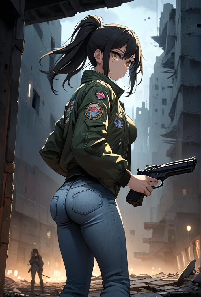 a girl, worn flight jacket, ripped jeans, determined, serious expression, standing, looking away, looking to the left, ponytail, messy hair, black hair, golden eyes, big eyes, slant eyes, Salute with the right hand, beautiful , beautiful ass, to body, long boots, waist pouch, Scene of Tension, outside, Rooftop, in the ruined city, with a starry sky, at night, dark atmosphere, in a dark and gloomy world, anime, 2d anime, hard-edged, soft surface, closeup shot, from behind, ground-level shot, golden triangle, sharpen, bloom, backlighting, in focus with blurred background, best quality, high quality, detailed, ultra detailed, hyper detailed, insanely detailed, exquisite, beautiful, Full-HD, 16K, highres, absurdres, woman, holding a pistol, 1thumb and 4 fingers,Perfect Hand Style, 