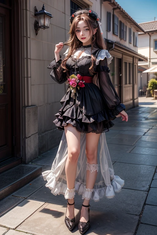 full body shot , Cafe,(Highest quality become familiar with:1.2), realistic, 8k eh, High resolution, fujifilm(medium format), hasselblad, carl zeiss, Incredible dynamic range photography(utility_art:Smooth-768:1.1), (1 girl:1.2), Super become familiar with, high quality texture, intricate details, become familiar with, Very become familiar with CG, high quality shadows, become familiar with beautiful and delicate face, Beautiful details and delicate eyes, Depth of written boundary, ray tracing, 16 years old, cute japanese girl, narrow side, glossy lips, glow eyes, perfect body, look at the audience, (jewelry/accessories), (Eye color is brown), (red flower hair ornament), (white long hair), (layered hairstyles), (Black Gothic Lolita), White flowers bloom all over the wall,smile, Be sure to add details in the 服, whole body,full body shot,Covering the face,Cafe,play the guitar,marble,blue sky, dancing