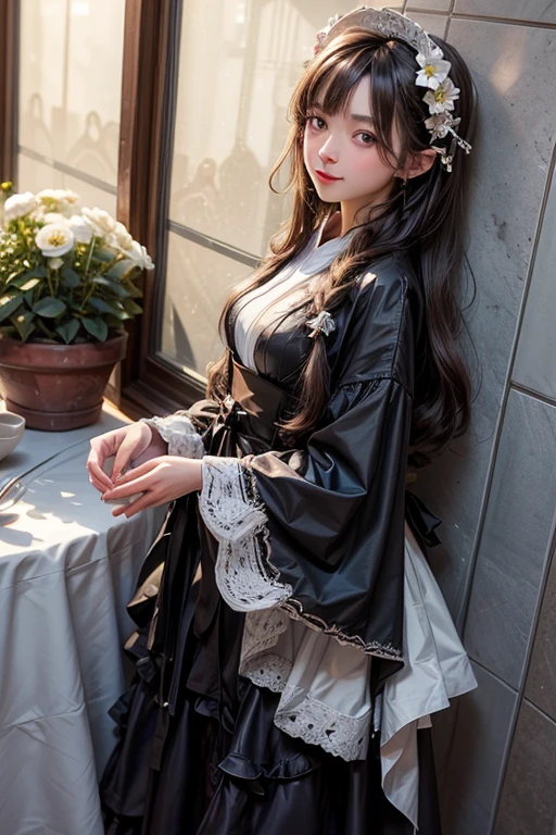full body shot , Cafe,(Highest quality become familiar with:1.2), realistic, 8k eh, High resolution, fujifilm(medium format), hasselblad, carl zeiss, Incredible dynamic range photography(utility_art:Smooth-768:1.1), (1 girl:1.2), Super become familiar with, high quality texture, intricate details, become familiar with, Very become familiar with CG, high quality shadows, become familiar with beautiful and delicate face, Beautiful details and delicate eyes, Depth of written boundary, ray tracing, , cute japanese girl, narrow side, glossy lips, glow eyes, perfect body, look at the audience, (jewelry/accessories), (Eye color is brown), (red flower hair ornament), (white long hair), (layered hairstyles), (Black Gothic Lolita), Whilowers bloom all over the wall,smile, Be sure to add details in the 服, whole body,full body shot,Covering the face,Cafe,play the guitar,marble,blue sky, dancing