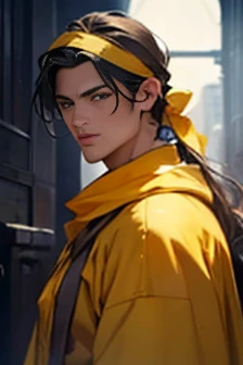 Dark-haired man looking at the camera、(((Yellow bandana on head))),(((Muscular man)))、(Very detailed CG ユニティ 8k 壁紙,masterpiece, Highest quality, Very detailed),(Best lighting, Best Shadow, Very delicate),good looking ,Roleplaying、Small eyes、Long Hair、Fantasy style clothing、Yellow clothes、Yellow Cape、Black innerwear、