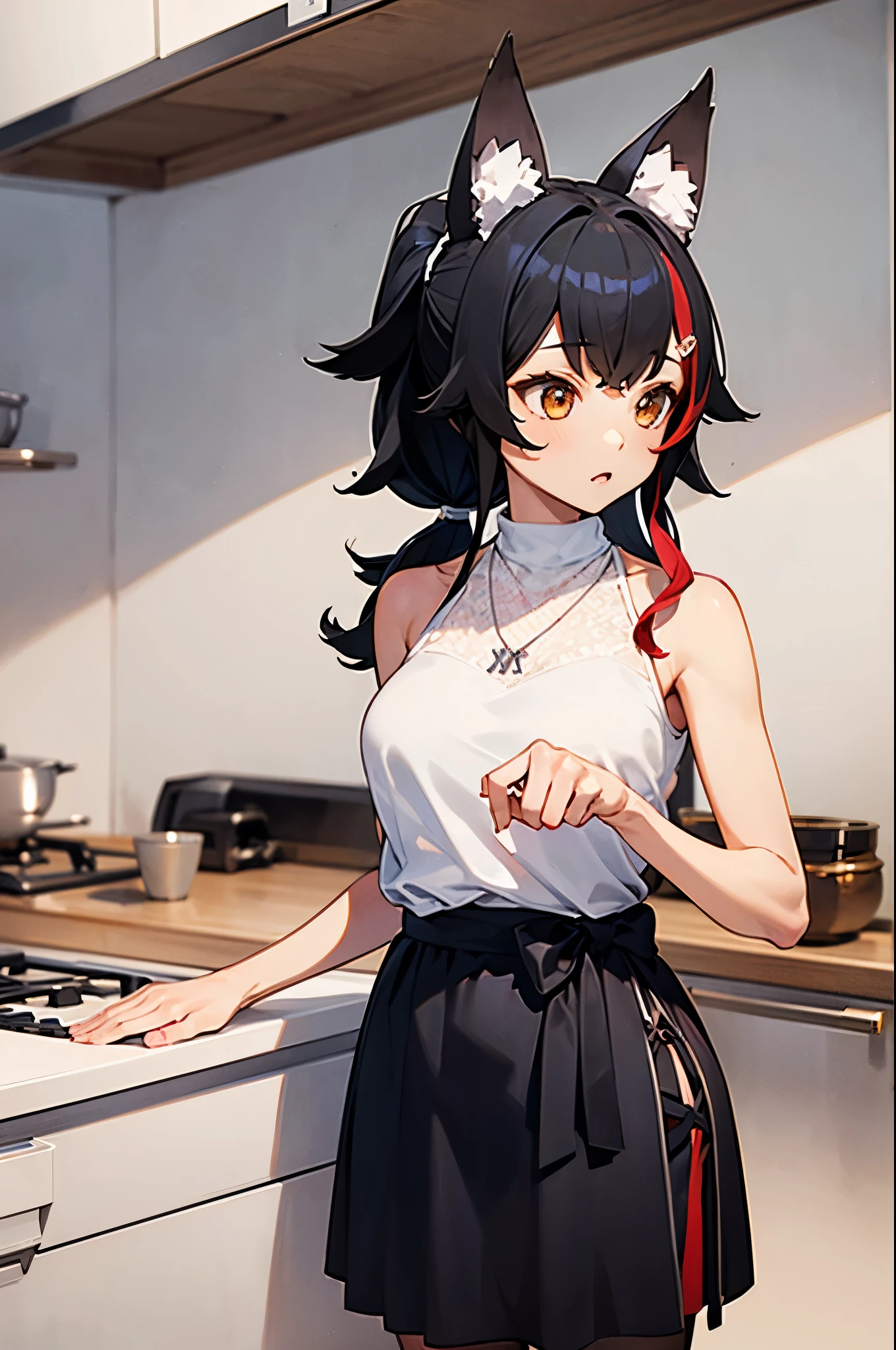 Browsing Caution,Miosha 1、Valletta、Side Blade、ponytail、Wolf's tail、Black Skirt、White shirt、necklace、Sleeveless shirt,kitchen,(Perfect hands),(Perfect Anatomy),(masterpiece),(Highest quality)