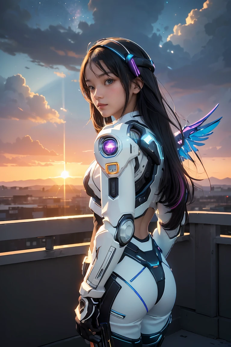 ((masterpiece, best quality, extremely detailed), volumetric lighting, ambient occlusion, colorful, glowing), 
1girl, solo, young girl, (dark hair), long hair, halo, aura, sacred, godness, cyber suit, (random-colored outfit:1.3), android, bot, cybernetic wings,
outdoors, sunset, sky, clouds, space, (cyberpunk theme:1.2),
