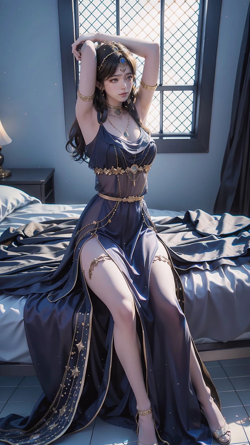 (((1 girl)),Ray tracing,[Detailed background (bedroom)),((Slim Girl))) Starry sky background,((((Girls wear dresses, With transparent stockings), Show off your exquisite figure and graceful curves, correct limbs, Sitting on the bed,Put your hands behind your head, Put your hands behind your head