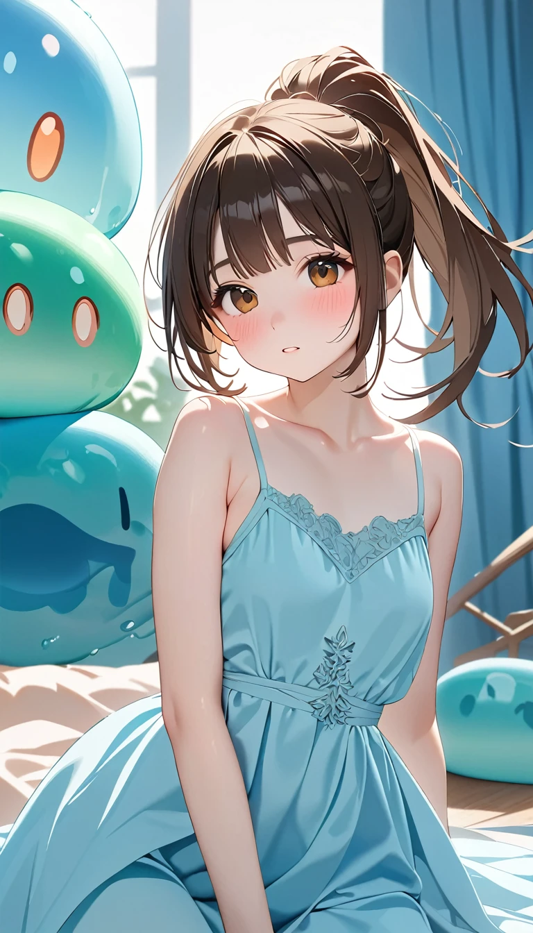 (Slime:1.5), Evening Dresses, The background is a world of ice, cute, beautiful, she, cute顔:1.5, small:1.5, , Long Hair:1.5, ponytail, Brown Hair, small胸, 超High resolution, retina, masterpiece, Accurate, Anatomically correct, Textured skin, Super Detail, Attention to detail, high quality, 最high quality, High resolution, 4K