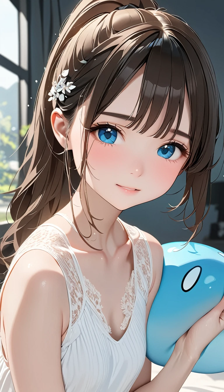 (Slime:1.5), Evening Dresses, The background is a world of ice, cute, beautiful, she, cute顔:1.5, small:1.5, 15 years old, Long Hair:1.5, ponytail, Brown Hair, small胸, 超High resolution, retina, masterpiece, Accurate, Anatomically correct, Textured skin, Super Detail, Attention to detail, high quality, 最high quality, High resolution, 4K