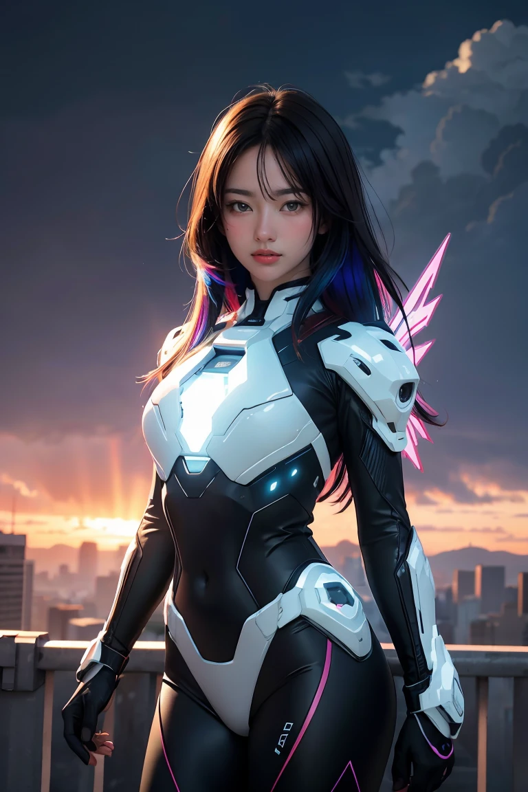 ((masterpiece, best quality, extremely detailed), volumetric lighting, ambient occlusion, colorful, glowing), 
1girl, solo, young girl, (dark hair), long hair, halo, aura, sacred, godness, cyber suit, (random-colored outfit:1.3), android, bot, cybernetic wings,
outdoors, sunset, sky, clouds, space, (cyberpunk theme:1.2),