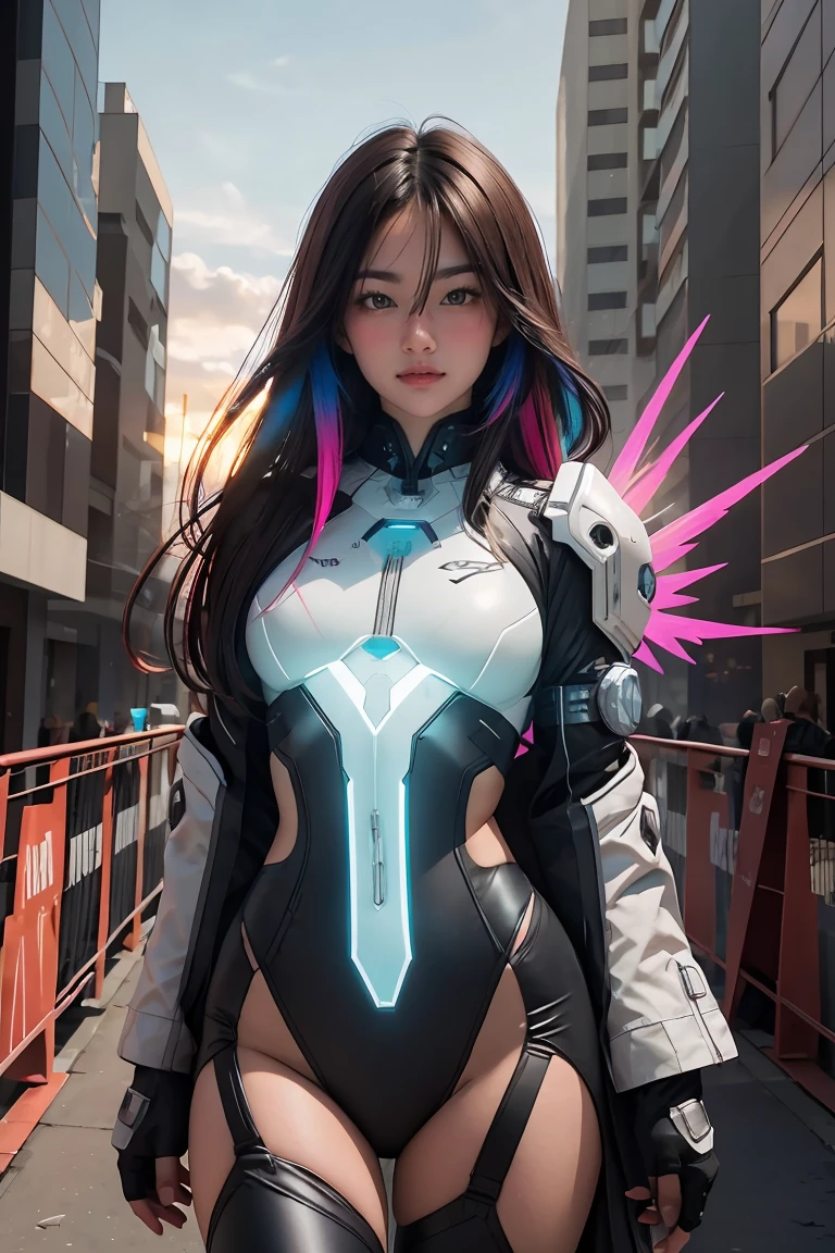 ((masterpiece, best quality, extremely detailed), volumetric lighting, ambient occlusion, colorful, glowing), 
1girl, solo, young girl, (dark hair), long hair, halo, aura, sacred, godness, cyber suit, (random-colored outfit:1.3), android, bot, cybernetic wings,
outdoors, sunset, sky, clouds, space, (cyberpunk theme:1.2),