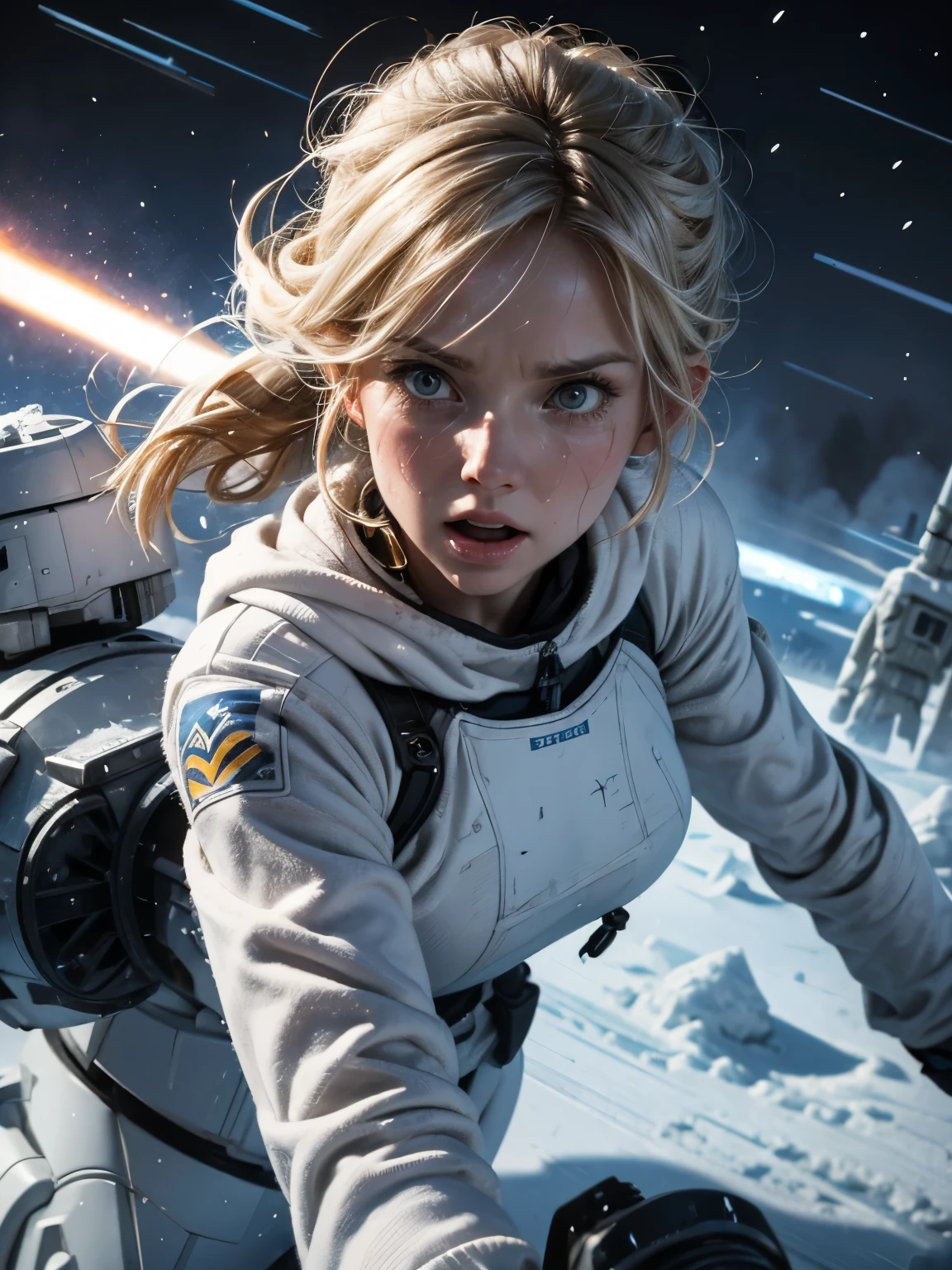 Helen Skelton, dynamic action shot from overhead, lasers, Hoth, Imperial Snowtrooper, close-up action shot from ground level, naked snowtrooper, laser beams, crying, sweating, damp hair, on a bloody battlefield, explosions, fires