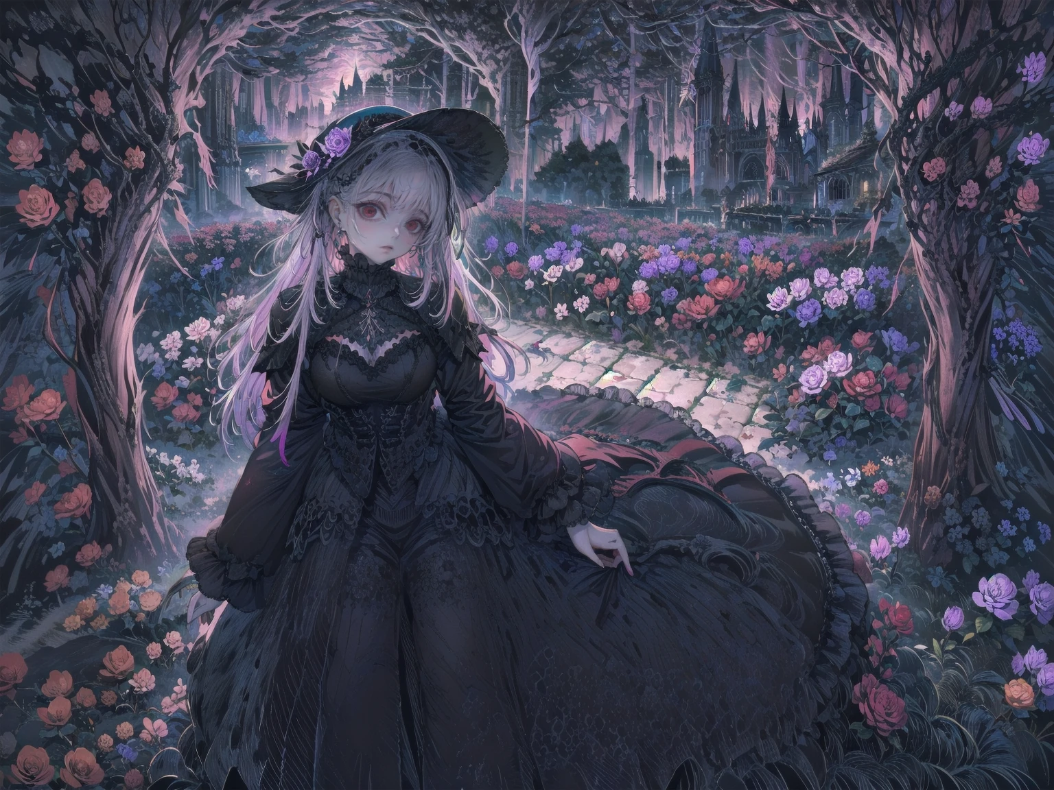 ネオゴススタイルのgirl, Wearing a black dress and a white collar, Wearing a black hat、wearing heavy makeup, Standing in a mystical garden surrounded by vines. The garden is full of deep purple flowers.、Gothic architecture in the background。. girl&#39;My hair is black、Her hair is in long braids.、A red rose is pinned to the side。. Her eyes are sharp、It&#39;Like being stabbed., Thick black eyeliner and long lashes. She has a pale complexion.、Her lips are bright red.. The atmosphere is gloomy and eerie, with dim lighting casting long shadows. This piece combines digital illustration and photography.., the result、The result is an incredibly high-resolution image. Most of the colors are dark、I&#39;Calm, Deep reds and purples create a dark beauty.. The overall style of the image is neo-Gothic., Horror, Portrait Photography, Create a unique and compelling visual experience.Dark Imagery
