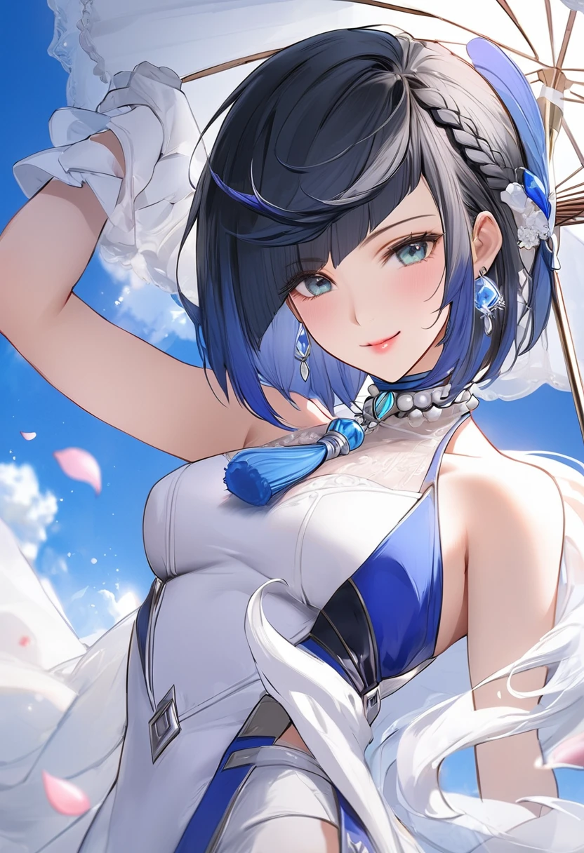 (Genshin Yelan)((masterpiece)),( (best quality)),( (Super detailed)),(Hair is slightly messy), (1 Girl),Royal sister,Good shape, (Background of flying petals),(Blue sky and white clouds)Beautiful and delicate eyes, Delicate and beautiful face(High Saturation)(,(shining), focus on face, Bangs, (shining), Optimal lighting, Pure white long wedding dress,Wearing long white gloves,Holding a white umbrella,Smile。