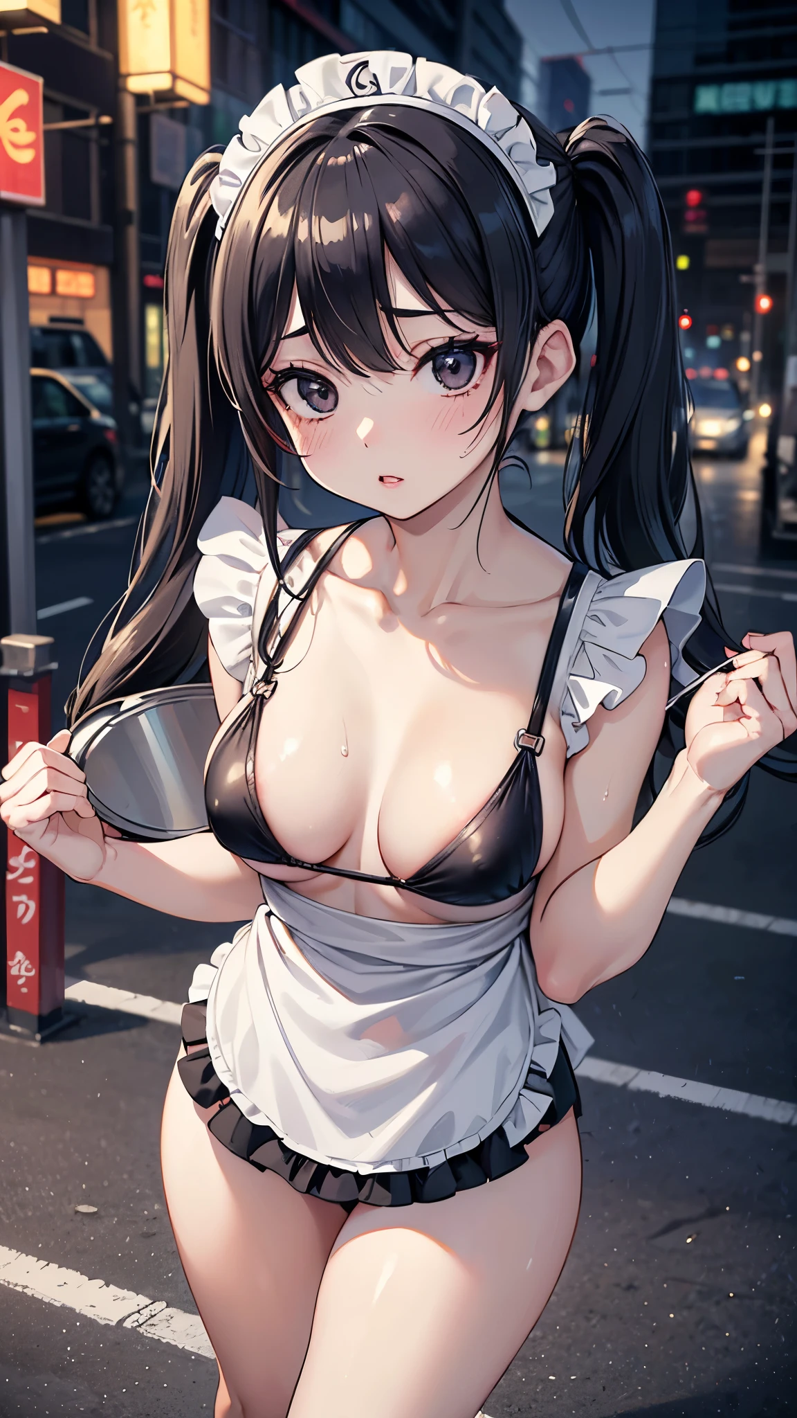 (masterpiece, 最high quality, 超High resolution, Very detailed), (Realistic:1.1, photoRealistic:1.4), Perfect illustration, Perfect lighting,Hair in perfect detail, Perfect and detailed face, Perfect collarbone, Perfect body,Juicy breasts, Perfect Thighs, Beautiful feet, View your viewers, 1 Girl,Perfect Face, (Perfect Anatomy, Anatomically correct), Symmetrical face、((Shiny Hair)),Sexy Body、(masterpiece),(最high quality:1.3),8k,Very clear,(Ultra-realistic),,Captivating woman,(high quality, High resolution, Fine details), Realisticなスタイルの女性,Juicy breasts、One perfect woman、Perfect Face、Symmetrical face、、(((Very ample bust size)))、blush、((Juicy lips))、Cowboy Shot、((Black twin tails tied on the side))、((Large, double-set black eyes、Long eyelashes))、((Red makeup))、(((Micro Bikini、White apron)))、((Cleavage))、(Outdoor、On the streets of Tokyo at night)、Sweat、Wet Face、Wet body、((Place the breasts on a small tray))、Pelvic Curtain, (Wide Hips)