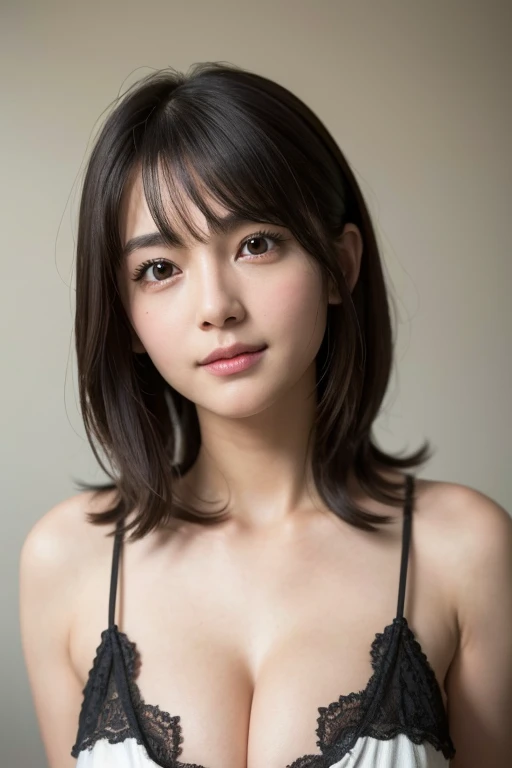(One Girl), Very cute face, Great face and eyes, (Highly detailed eyes, Highly detailed face), Fresh, Very beautiful appearance, (Ultra-realistic, High resolution), (Highest quality:1.4), RAW Photos, (Realistic, Photorealistic:1.37), Professional photography, (Cleavage:1.2), (Exposing shoulders), smile, (Look at me), Bedroom, Portrait of a Girl,Clothes that show the chest, short hair,Black clothes,Tanuki face