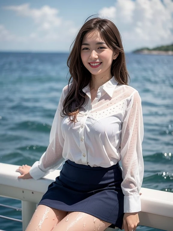 Gray background、pubic hair、Large Breasts、Thighs、Red lipstick、Cute woman、high school girl、White shirt、(Navy blue skirt)、smile、Open chest shirt、(A polka dot shirt that was wet and showed her underwear)、Wet Hair、Gazing at the sea、smile、On the boat、Looking from below、