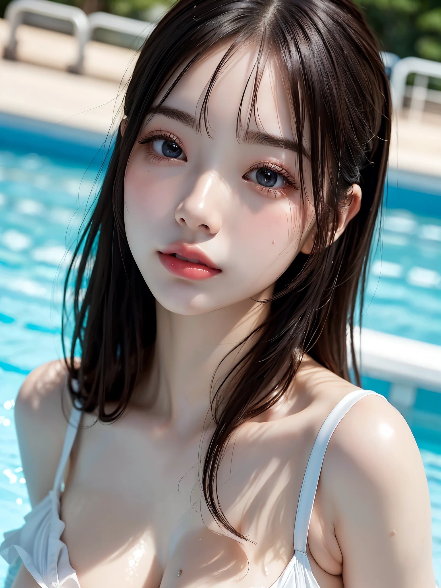 masterpiece, Highest quality, Ultra-high resolution, (Realistic photos: 1.4), ((1 girl, Pale skin: 1.4,  From above, Looking up at the audience, Face close-up, 18-year-old,, Black Hair,  Big Breasts: 1.6、{huge|big|hugeな|Mega} chest:2, chestの谷間:2、Perfect Anatomy)) (Micro Bikini, Soaking wet: 1.2) 、(Portraits of famous actresses of Japan), (smile, Happy, Joyful, Hilarious, shut up.), (腕にchestを、Accentuate your chestの谷間.、Slightly broad shoulders、Beautiful waist), High resolution eyes, Truly pure white background, Beautiful long neck, bangs, eyelash, Big eyes、Seaside、Outdoor swimming pool、Very beautiful blue sky、Dynamic Angle、elevation、Dutch Angle Shot