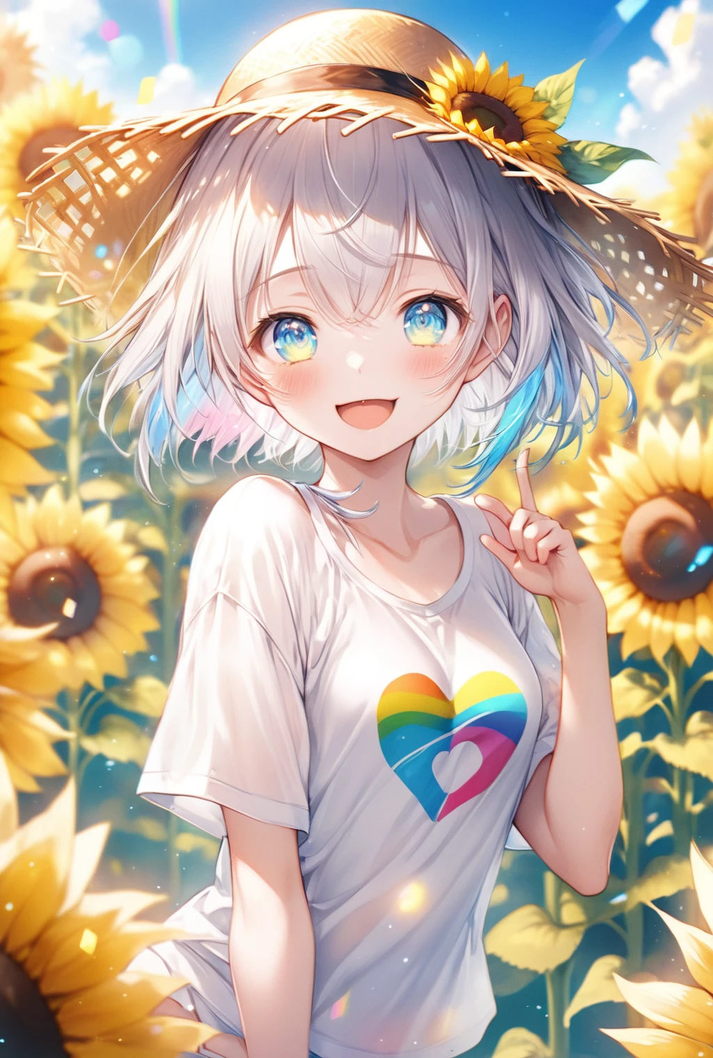 (Highest quality, 8k, 32K, masterpiece, Ultra-high resolution,:1.2),born, One girl,Super cute , Natural light,Clear, shining eyes, 20-year-old ,Fair skin, Wearing an open-necked T-shirt, Sexy pose, An innocent smile, A fantasy background of an electronic world like a sunny sunflower field, Straw hat, blue sky, summer, bright, Silver hair girl, short hair,Nyan Nyan Pose, With his mouth open in a daze, Looking to the side