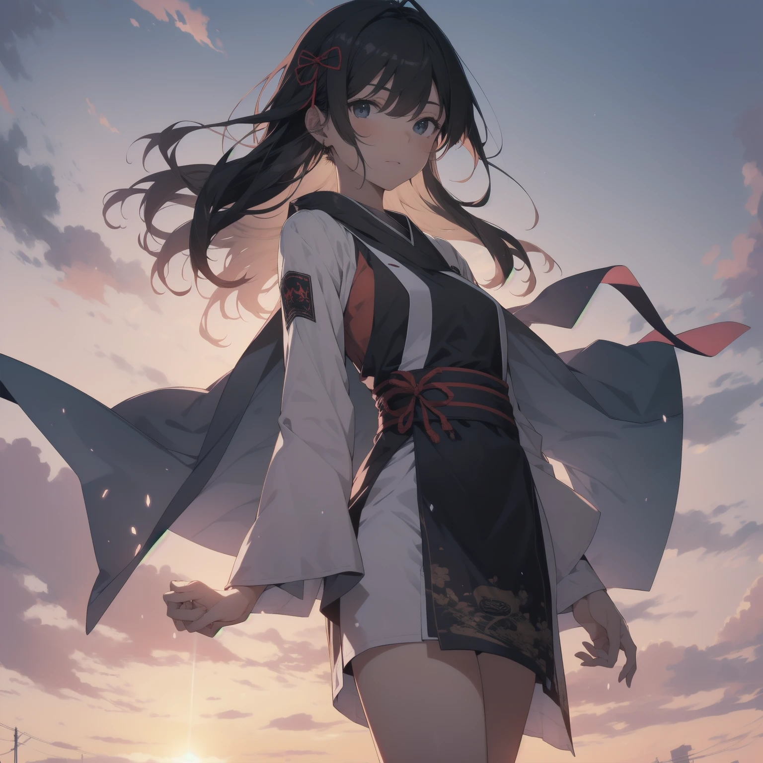 Ninjas are... cool and... fast.!ultra-absurdres-Top quality by artist God, ultra-detailed, high resolution, anime moe artstyle, best anime 8k konachan wallpaper, pixiv contest winner, pool:2810, perfect anatomy,break, Domo…1girl is ninja girl, (Please draw a picture of a Ninja girl stand and look down on the city from rooftop),from above, dutch angle, break, (Solo,little female,12-year-old:1.3), androgynous charm, (Very Short hair, blunt bangs), Full limbs, complete fingers,flat chest, Small butt, groin, finely 8k detailed beautiful black eyes, (sleeveless hanjuban),obi,ninja hakama, japanese Hairpin,ninja scarf waving in the wind, break,super detailed skin, Best cinematic lighting powered by famous artist, 8k,beauty illustration,photoshop_(medium),very aesthetic,break,((artist:horosuke )), artist:clamp ,artist:carnelian ,artist:kantoku ,