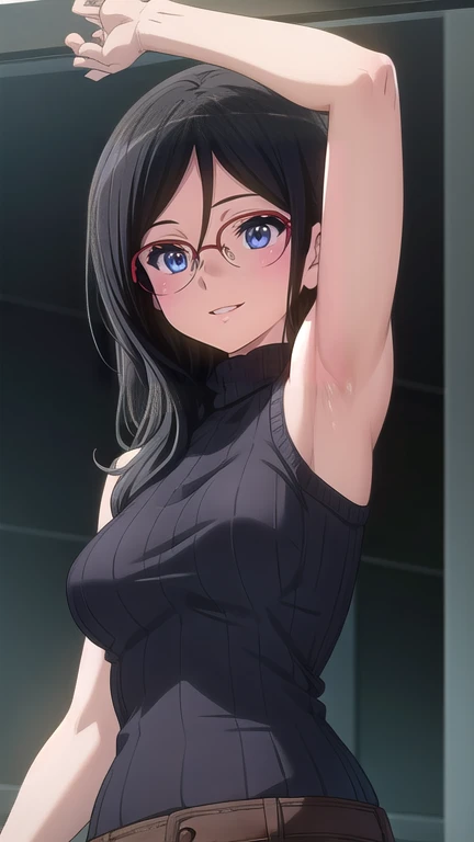 a anime female wearing black glasses standing up and holding something up with both hands, 1girl, armpits, solo, glasses, arm up, black hair, blue eyes, red-framed eyewear, sweater, sleeveless, looking at viewer, turtleneck, smile, long hair, black background, over-rim eyewear, ribbed sweater, breasts, upper body, black sweater