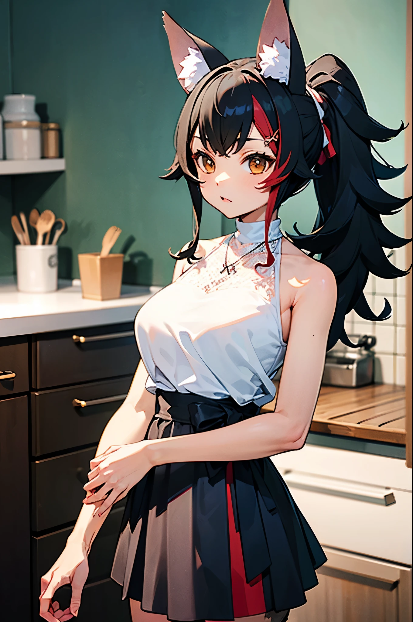 Browsing Caution,Miosha 1、Valletta、Side Blade、ponytail、Wolf's tail、Black Skirt、White shirt、necklace、Sleeveless shirt,kitchen,(Perfect hands),(Perfect Anatomy),(masterpiece),(Highest quality)