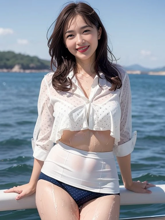 Gray background、pubic hair、Large Breasts、Thighs、Red lipstick、Cute woman、high school girl、White shirt、(Navy blue skirt)、smile、Open chest shirt、(A polka dot shirt that was wet and showed her underwear)、Wet Hair、Gazing at the sea、smile、On the boat、Raising his arms