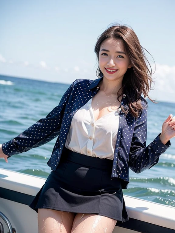 Gray background、pubic hair、Large Breasts、Thighs、Red lipstick、Cute woman、high school girl、White shirt、(Navy blue skirt)、smile、Open chest shirt、(A polka dot shirt that was wet and showed her underwear)、Wet Hair、Gazing at the sea、smile、On the boat、Raising his arms