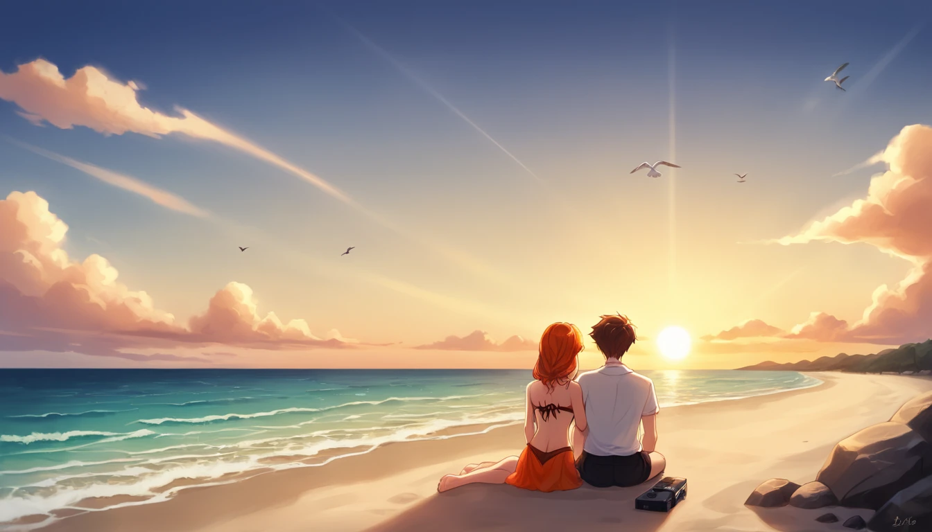Here’s a prompt to generate a similar and accurate image:
"Create a comic-style or anime-inspired scene of a boy and a girl sitting on a beach during a beautiful sunset. They are facing the ocean, with the warm, orange hues of the setting sun illuminating the sky and casting a soft glow on the water. The boy and girl are sitting close together, with the girl on the left and the boy on the right, both appearing to be in a peaceful moment. The sky is filled with scattered clouds and a few birds flying in the distance. The foreground includes some beach vegetation and rocks, adding to the serene atmosphere. The overall style should resemble an anime or pen sketch with detailed, soft shading and a warm color palette."