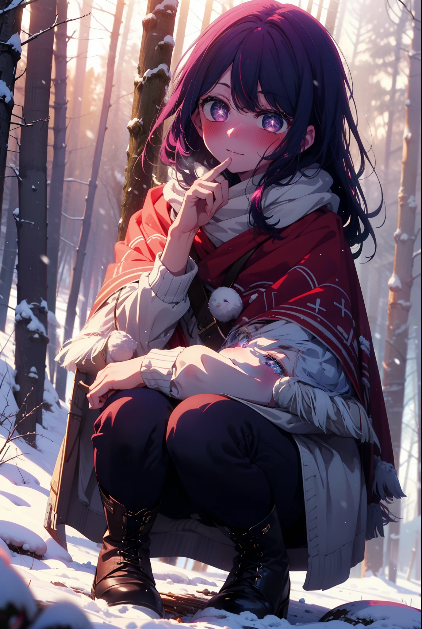 aihoshino, Ai Hoshino, Long Hair, bangs, (Purple eyes:1.1), Purple Hair, (Symbol-shaped pupil:1.5), smile,,smile,blush,white breath,
Open your mouth,snow,Ground bonfire, Outdoor, boots, snowing, From the side, wood, suitcase, Cape, Blurred, , forest, White handbag, nature, Squat, Mouth closed, Cape, winter, Written boundary depth, Black shoes, red Cape break looking at viewer, Upper Body, whole body, break Outdoor, forest, nature, break (masterpiece:1.2), Highest quality, High resolution, unity 8k wallpaper, (shape:0.8), (Beautiful and beautiful eyes:1.6), Highly detailed face, Perfect lighting, Extremely detailed CG, (Perfect hands, Perfect Anatomy),