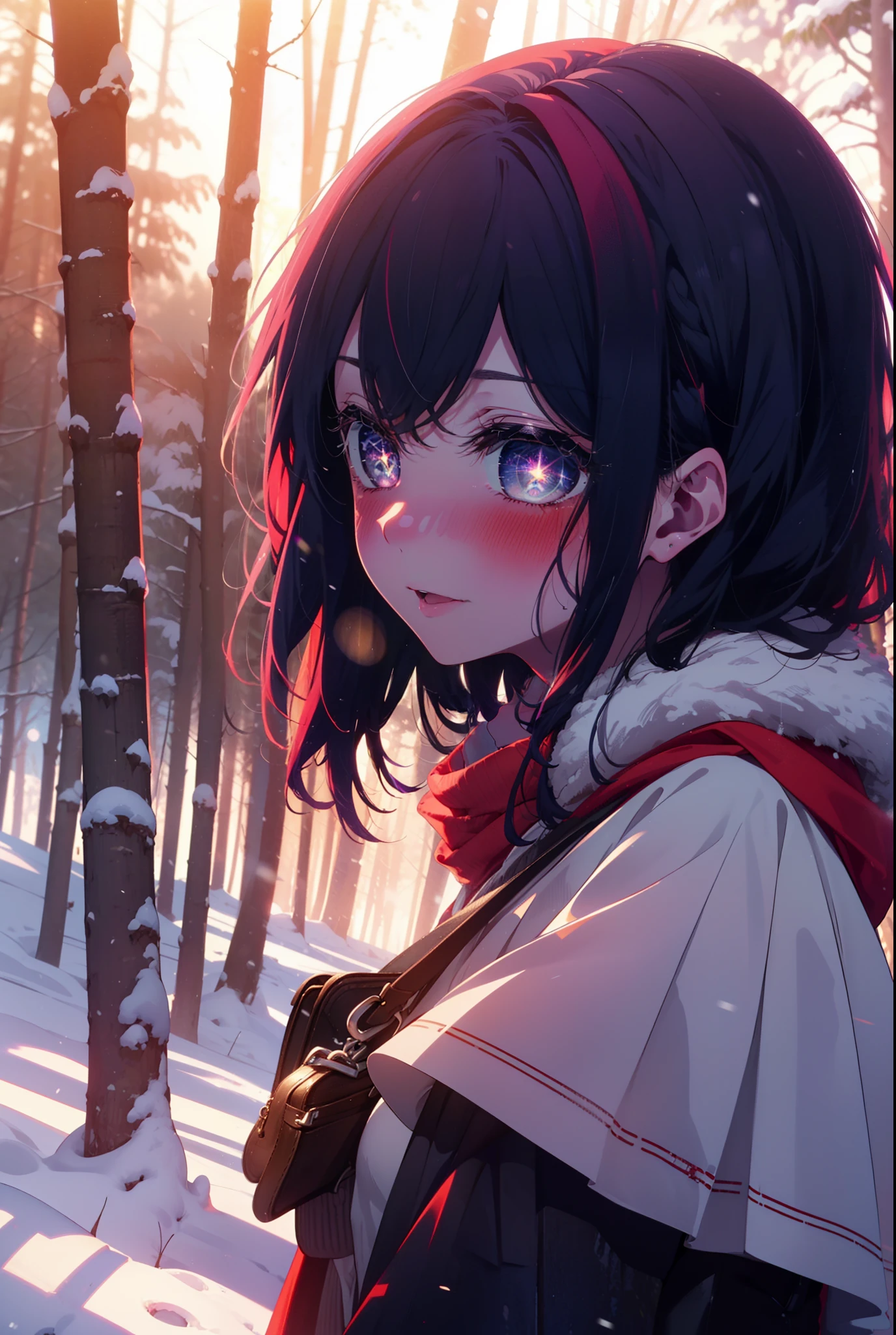 aihoshino, Ai Hoshino, Long Hair, bangs, (Purple eyes:1.1), Purple Hair, (Symbol-shaped pupil:1.5), smile,,smile,blush,white breath,
Open your mouth,snow,Ground bonfire, Outdoor, boots, snowing, From the side, wood, suitcase, Cape, Blurred, , forest, White handbag, nature, Squat, Mouth closed, Cape, winter, Written boundary depth, Black shoes, red Cape break looking at viewer, Upper Body, whole body, break Outdoor, forest, nature, break (masterpiece:1.2), Highest quality, High resolution, unity 8k wallpaper, (shape:0.8), (Beautiful and beautiful eyes:1.6), Highly detailed face, Perfect lighting, Extremely detailed CG, (Perfect hands, Perfect Anatomy),