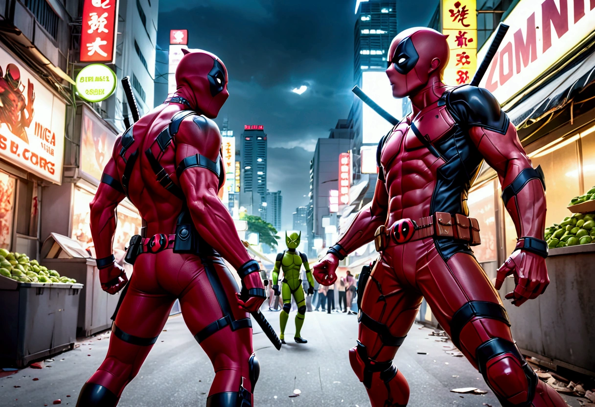 Deadpool and Wolverine stand back to back in fighting stance, they are surrounded by (alien mutant ninja zombie cyborgs), downtown Bangkok (Extremely complex)