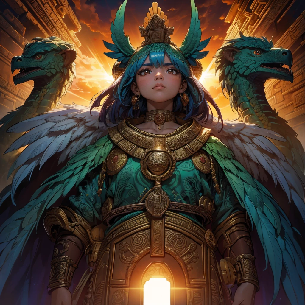 Childish,  high quality、Very detailed、８Year、Mayan Aztec young priestess、Flying Feathered Serpent（Quetzalcoatl Kukulkan）look up at the sky and pray、Chichen Itza Forest Temple of the Sun、mysterious、The whole body is visible