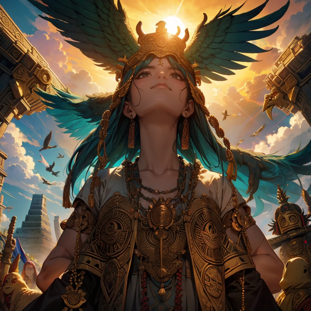 Childish, high quality、Very detailed、8Year、Mayan Aztec young priestess、Flying Feathered Serpent(Quetzalcoatl Kukulkan)look up at the sky and pray、Chichen Itza Forest Temple of the Sun、mysterious、The whole body is visible