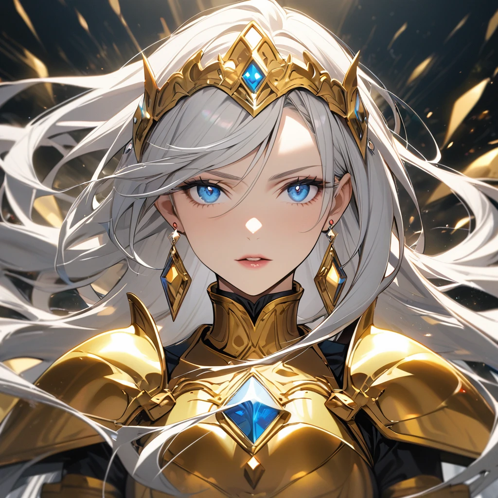 woman, blue eyes, long hair, white hair, mature, god eyes, diamond earings, golden armor