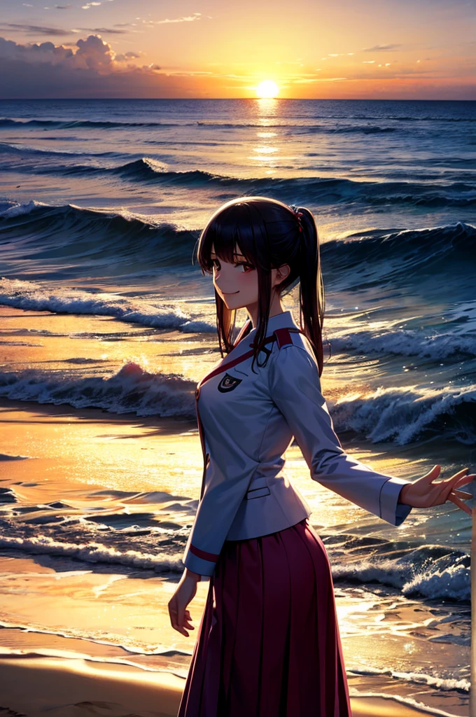 One girl, alone,smile, Beach,(sunset:1.1), Akagi, Star hair ornament, Shine, uniform, night, wave hands, Ocean