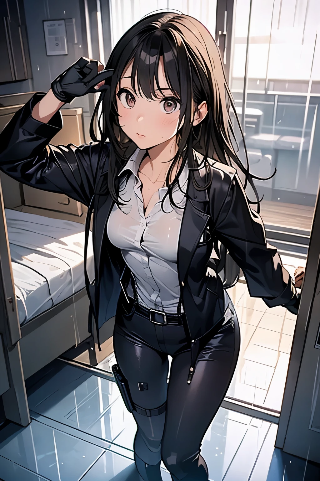 1 female, , high quality, masterpiece, Ultra-high resolution, , Cinema Lighting, , , And the suspenders with the cranes flying　　　Large Breasts　 　 　　　　Small face　 　　　holster　　　　　　　 Lying in bed　Looking up　　　　Sweat 　　　belt　summer　脇Sweat 　Black Hole Gloves　suit　shirt　　Black jacket　 Black trousers　Leg Links　ズボンにbelt　　holster　 　　Hands behind your back　 Anxious expression　Looking up　Anxious face, legs apart　Armament　　Cable ties　レッグholster　holster　See-through clothing　heavy rain　Getting wet in the rain