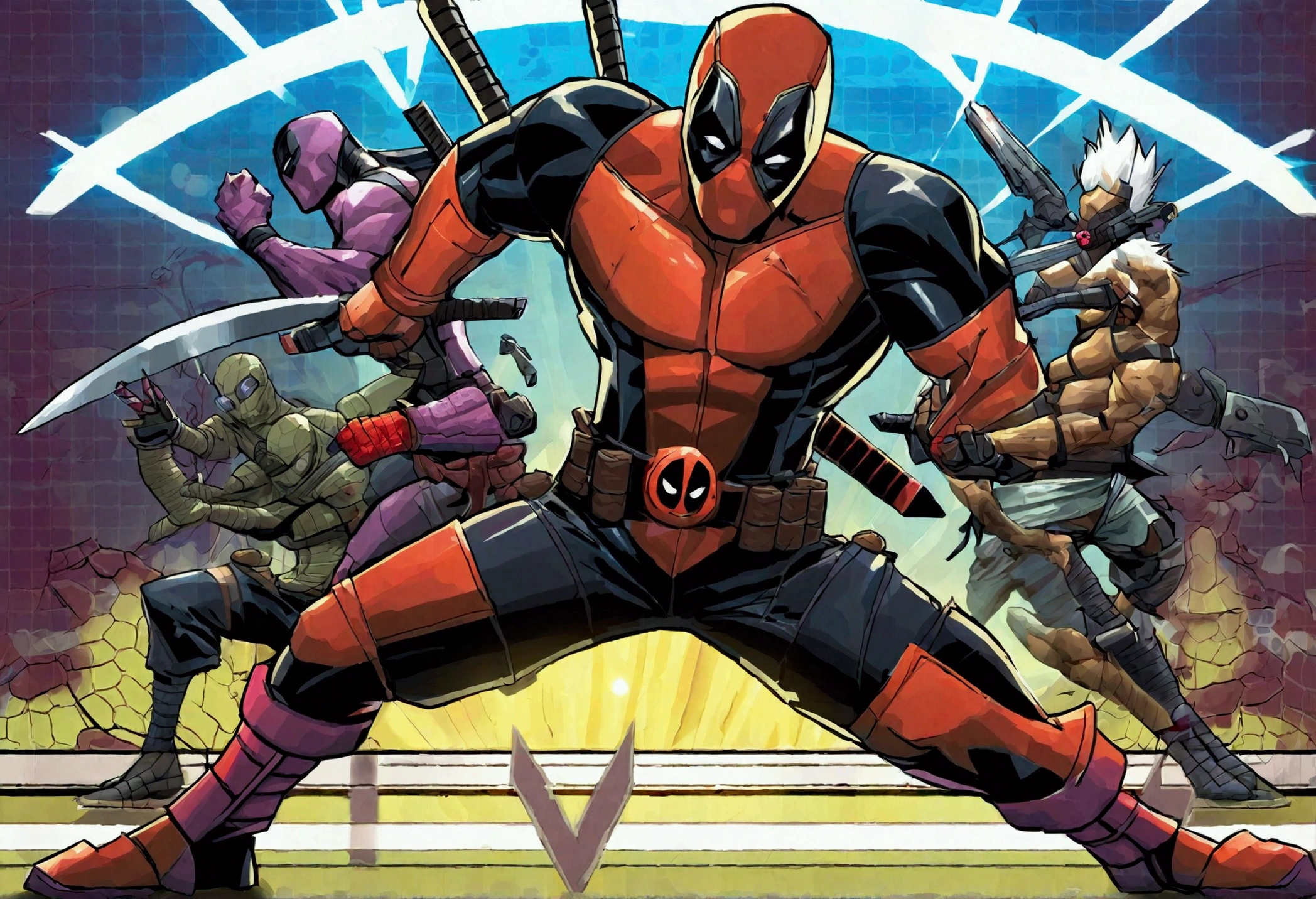 Deadpool and Wolverine stand back to back in fighting stance, they are surrounded by (alien mutant ninja zombie cyborgs), downtown Bangkok (Extremely complex)