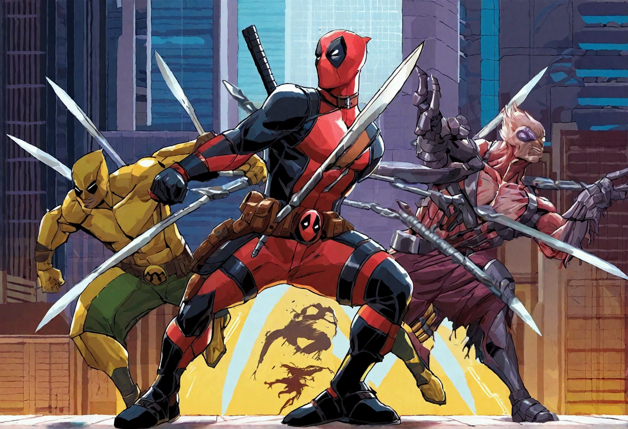 Deadpool and Wolverine stand back to back in fighting stance, they are surrounded by (alien mutant ninja zombie cyborgs), downtown Bangkok (Extremely complex)
