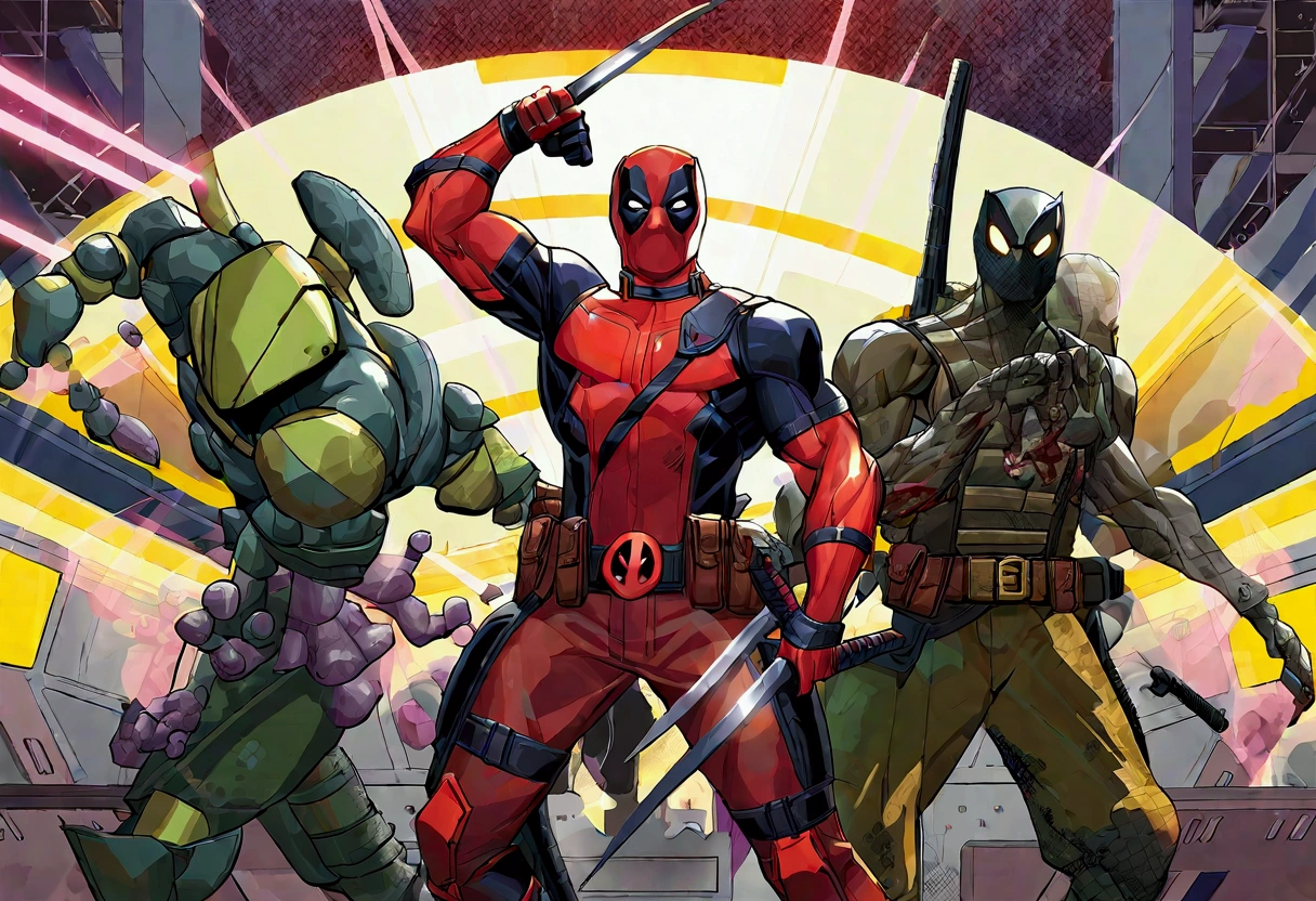 Deadpool and Wolverine stand back to back in fighting stance, they are surrounded by (alien mutant ninja zombie cyborgs), downtown Bangkok (Extremely complex)
