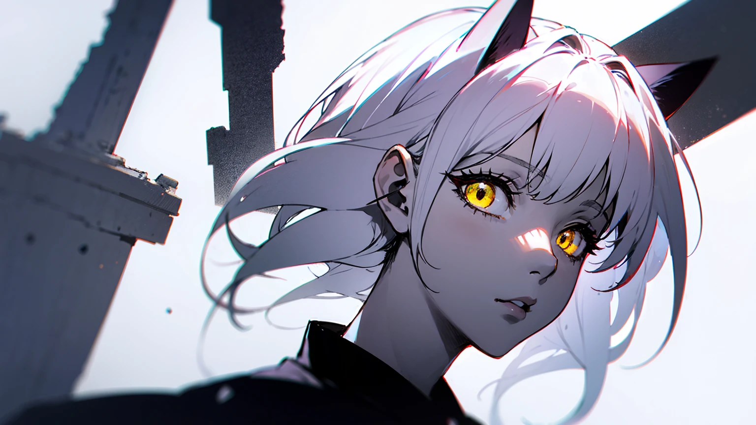 White-haired cat-eared girl、Yellow Eyes、Cat Eyeinimalist style female portrait、Monochrome outfit on a white background、Simple accessories and clean lines、In a modern studio with soft lighting、Cool and elegant atmosphere、Rows of white ruins